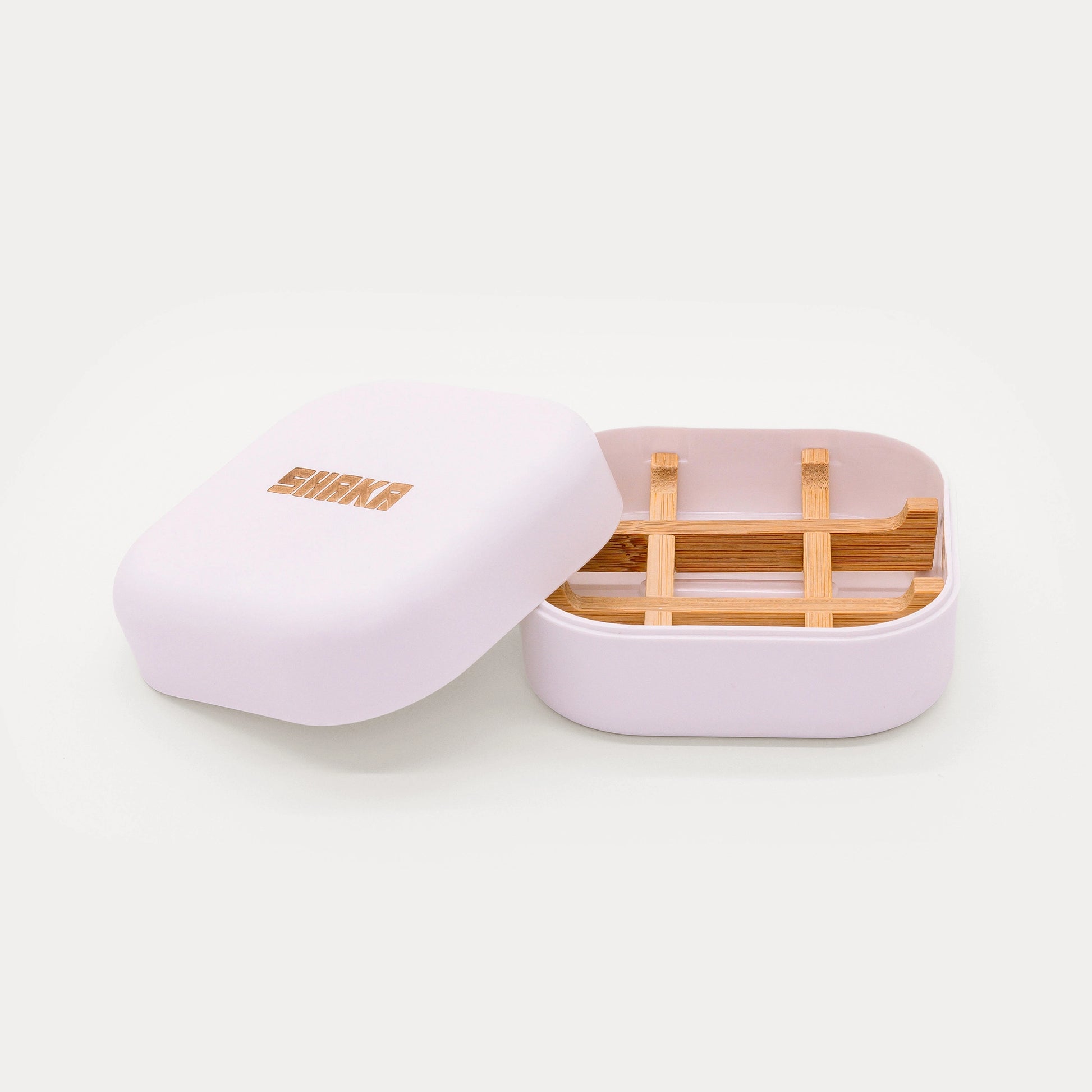 Natural Soap Starter bundle- Shaka Soap storage container with bamboo divider open.