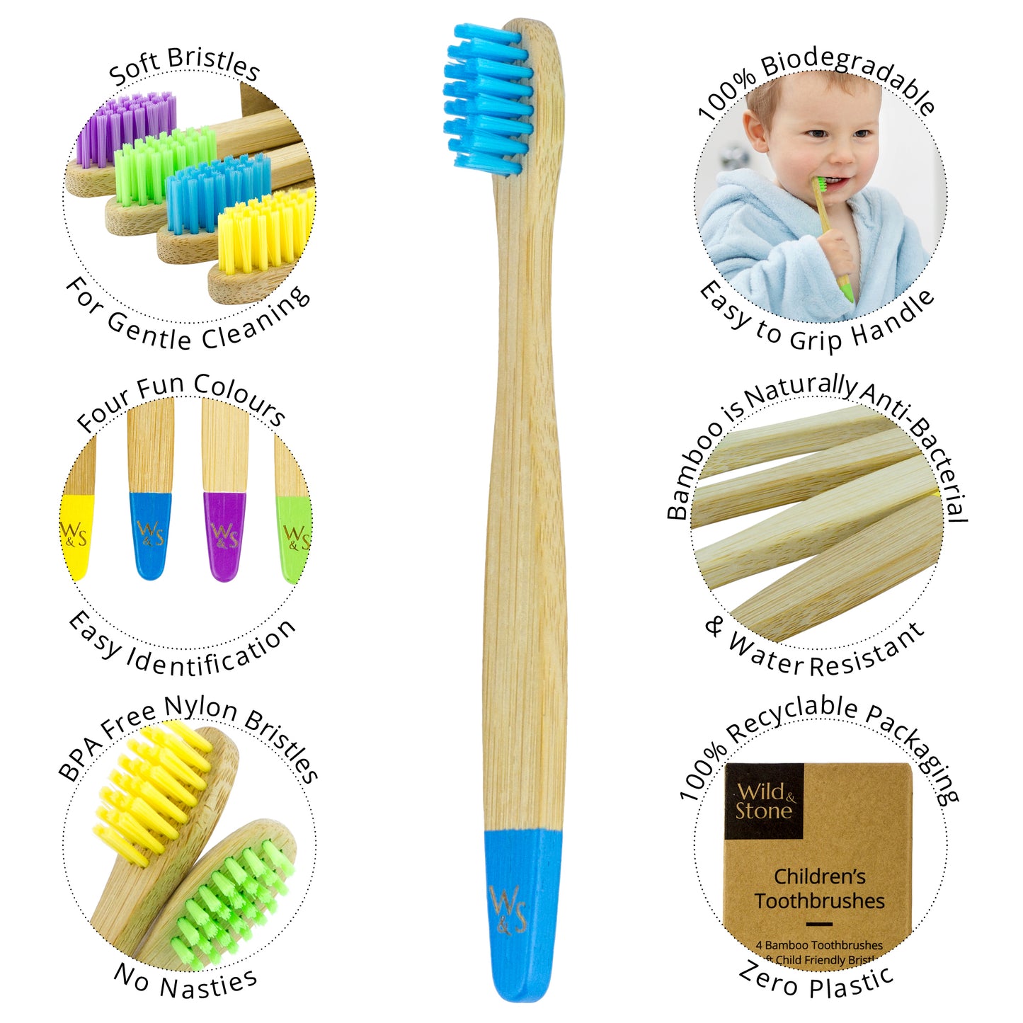 Wild & Stone Children’s Bamboo Toothbrushes - 4 Pack - Multi-Colour