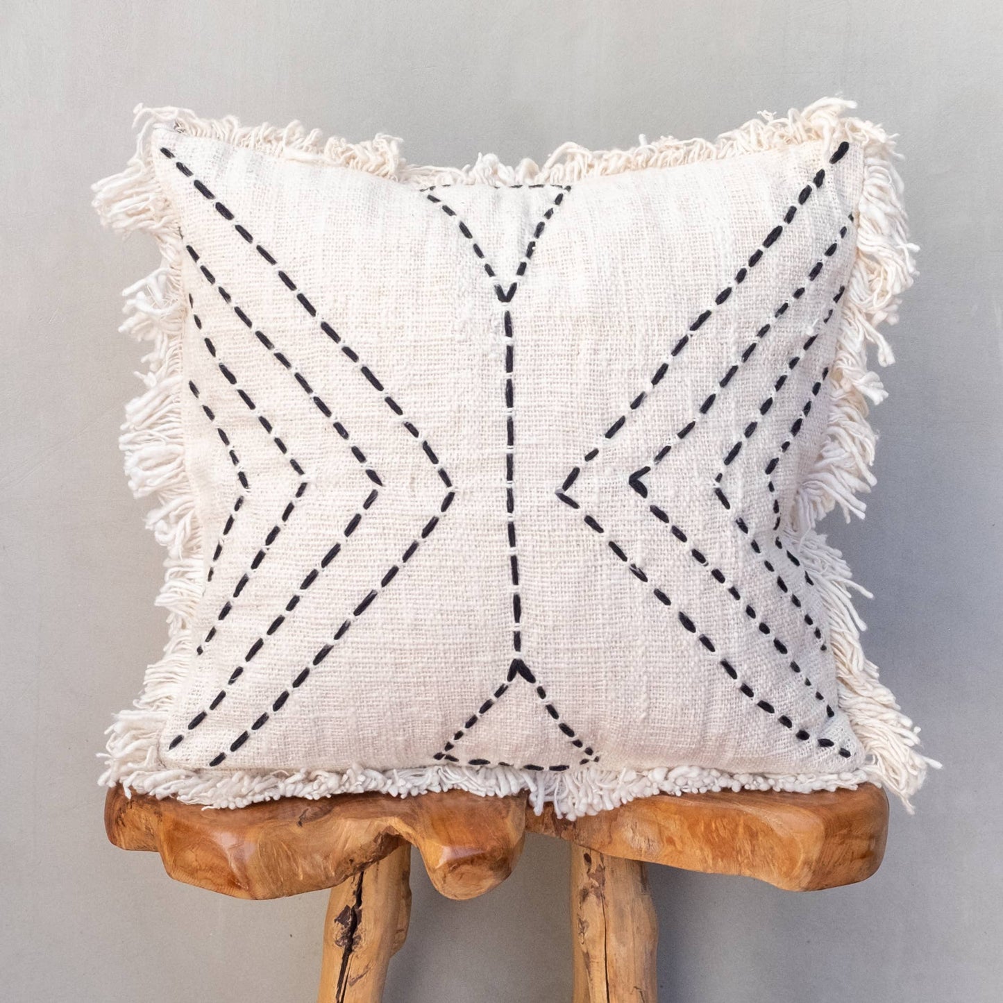 Boho Cushion Cover / Throw Pillow - Cream Geometric Fringe